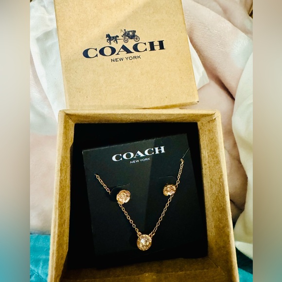 Coach Jewelry - Coach Rose Gold Open Circle Necklace and Tea Rose Stud Earrings Set NWT